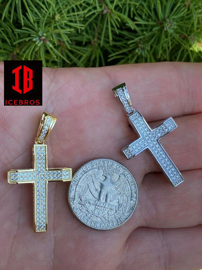 925 Sterling Silver 3D Box Cross Pendant - Gold Hip Hop Necklace (CZ)