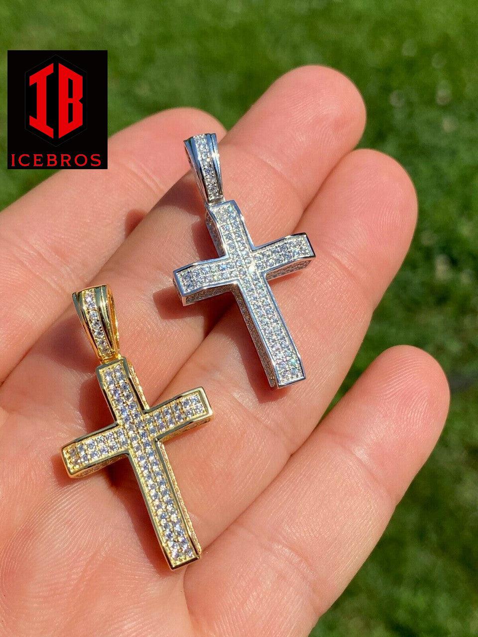 925 Sterling Silver 3D Box Cross Pendant - Gold Hip Hop Necklace (CZ)