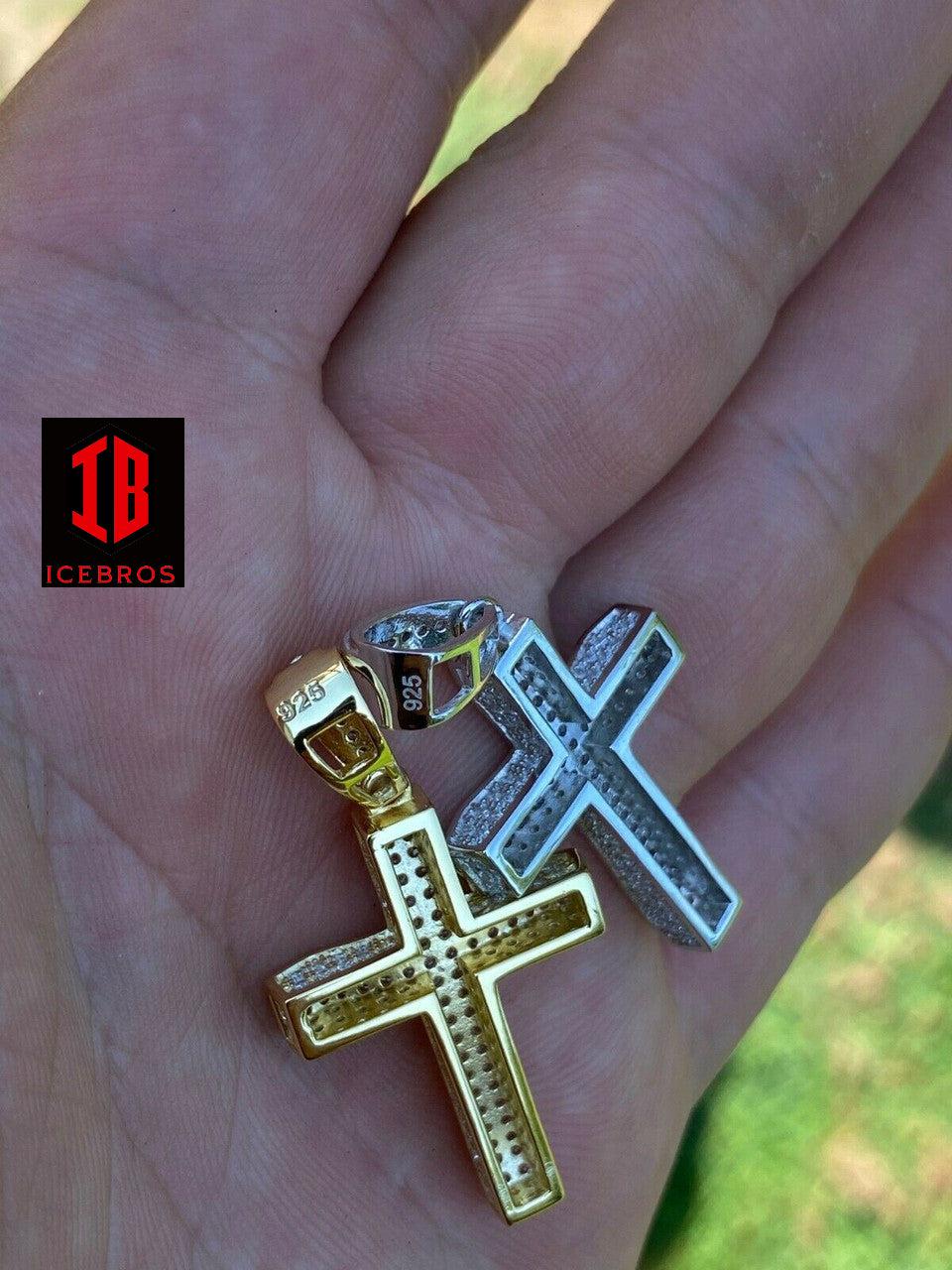 925 Sterling Silver 3D Box Cross Pendant - Gold Hip Hop Necklace (CZ)