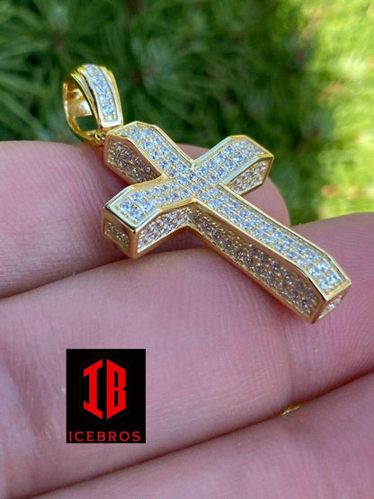 925 Sterling Silver 3D Box Cross Pendant - Gold Hip Hop Necklace (CZ)