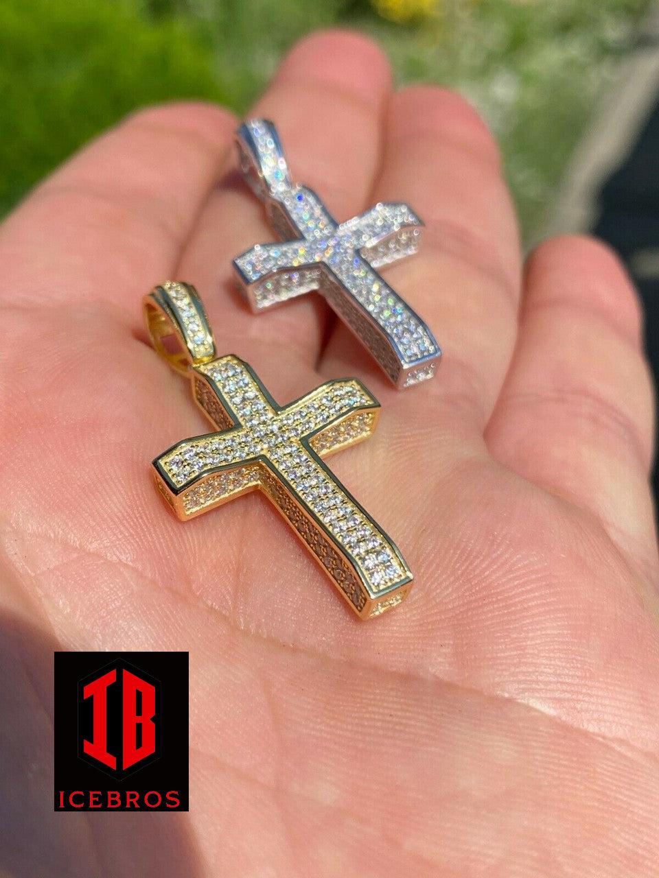 925 Sterling Silver 3D Box Cross Pendant - Gold Hip Hop Necklace (CZ)