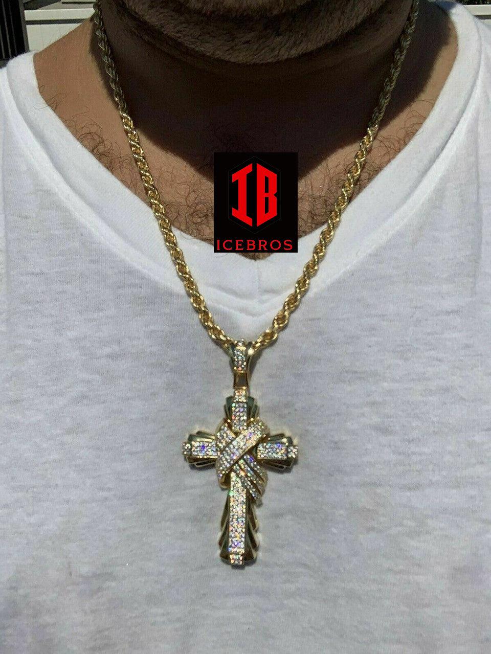 Men's Large iced out Cross Pendant Solid 925 Sterling Silver (CZ)