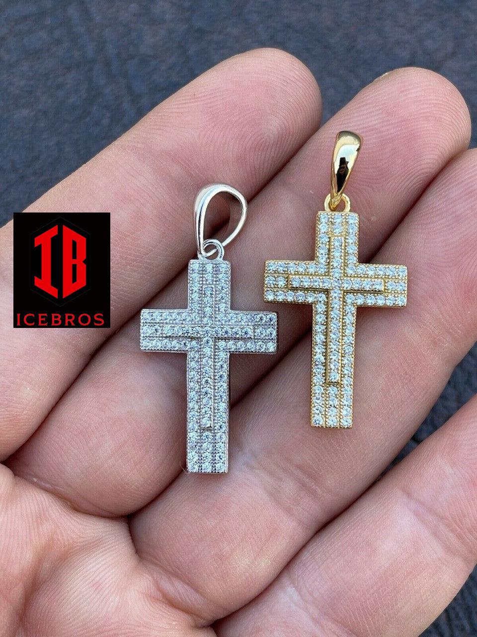 925 Sterling Silver Gold Filled Cross Crucifix Pendant Necklace Iced 1inch Small (CZ)