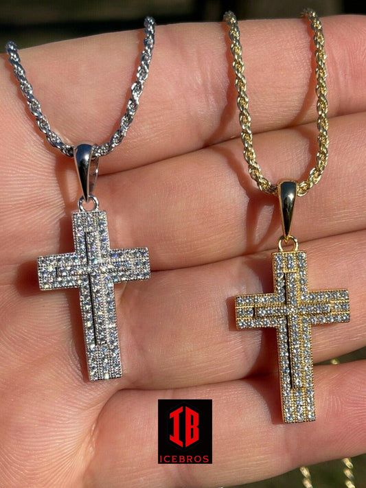 925 Sterling Silver Gold Filled Cross Crucifix Pendant Necklace Iced 1inch Small (CZ)