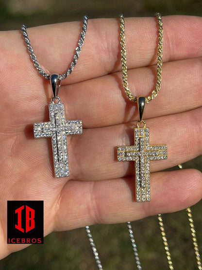 925 Sterling Silver Gold Filled Cross Crucifix Pendant Necklace Iced 1inch Small (CZ)