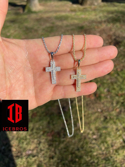 925 Sterling Silver Gold Filled Cross Crucifix Pendant Necklace Iced 1inch Small (CZ)