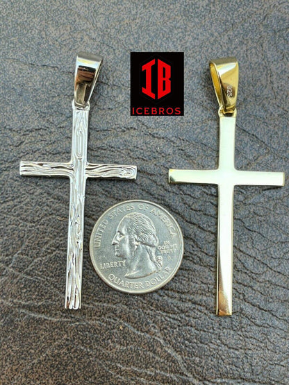 Micro 0.75inch - 2inch Plain Wood Cross Charm Solid 925 Sterling Silver