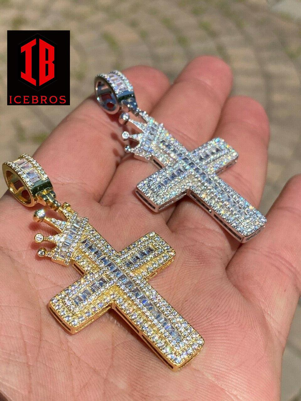 Men's 925 Sterling Baguette Cross King Crown Pendant Iced Gold Silver (CZ)