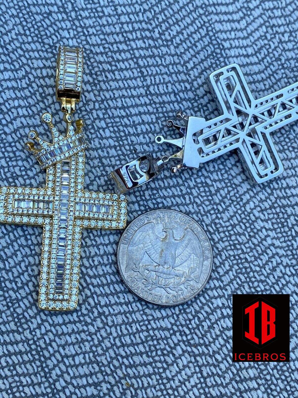 Men's 925 Sterling Baguette Cross King Crown Pendant Iced Gold Silver (CZ)