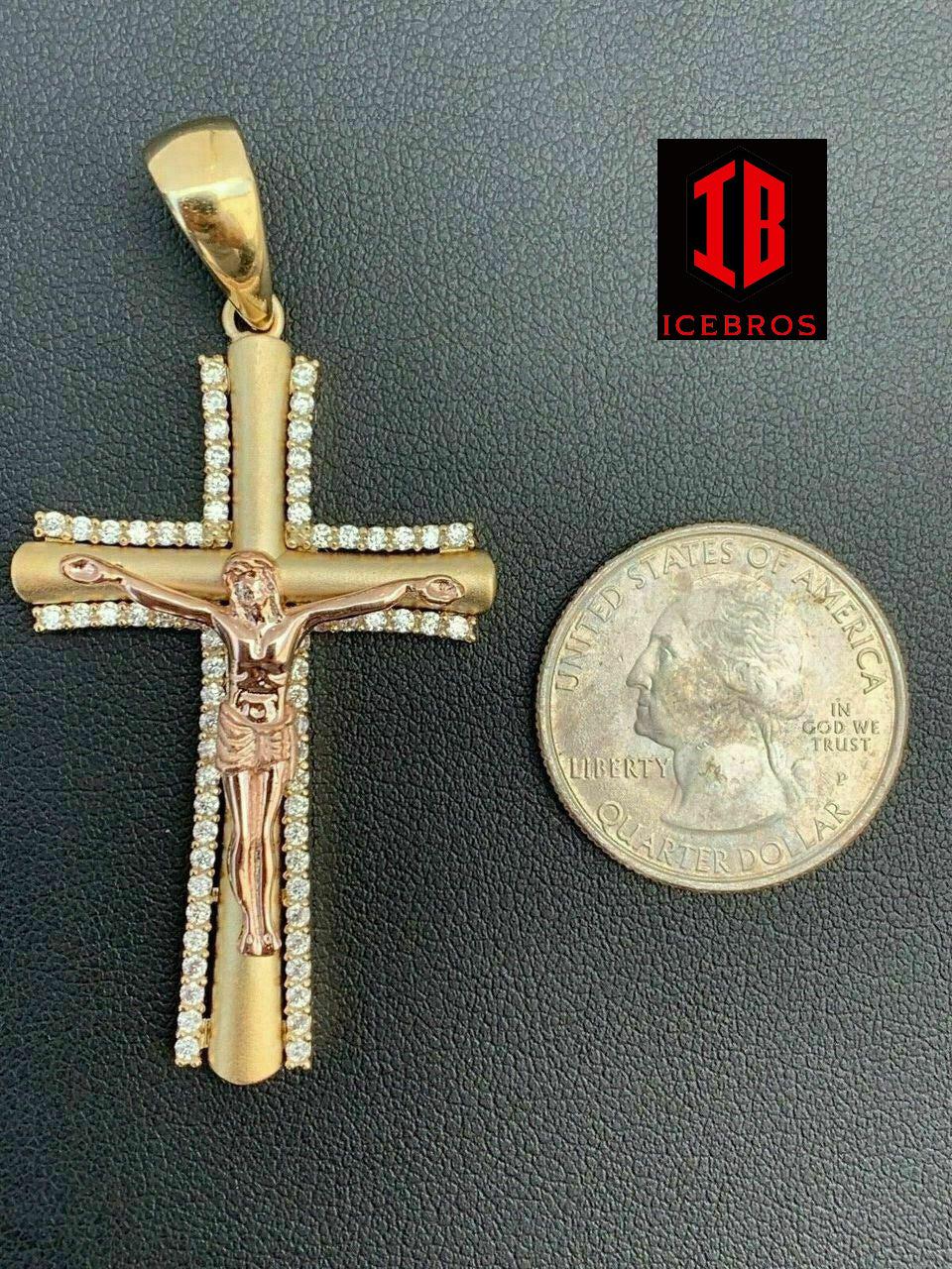 Men's 14k Yellow Gold Over 925 Silver Cross 3D Two Tone Jesus Pendant Necklace