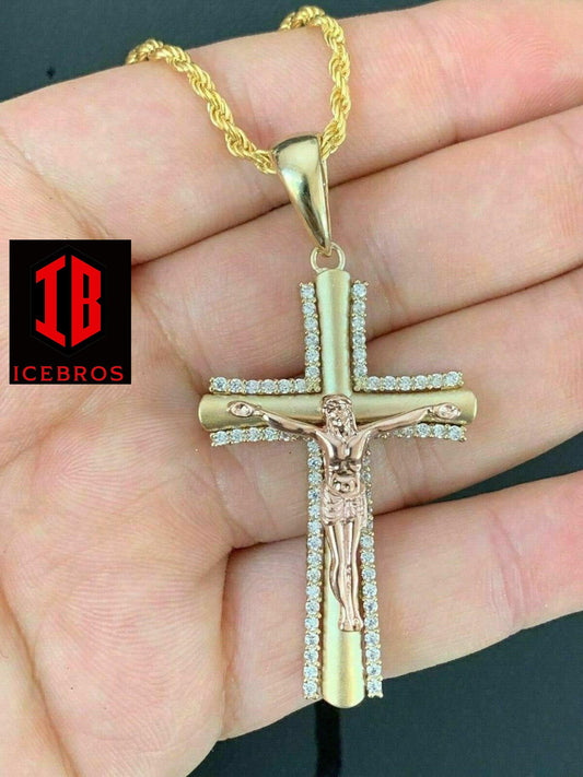 Men's 14k Yellow Gold Over 925 Silver Cross 3D Two Tone Jesus Pendant Necklace