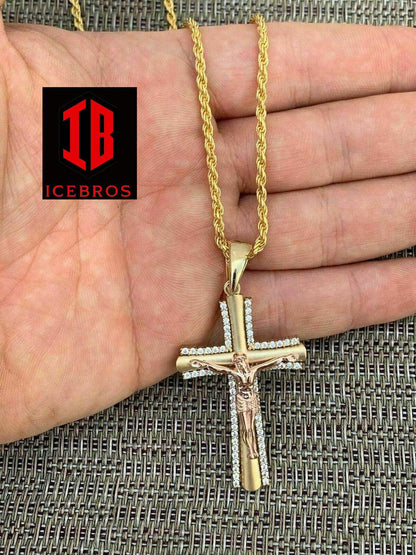 Men's 14k Yellow Gold Over 925 Silver Cross 3D Two Tone Jesus Pendant Necklace