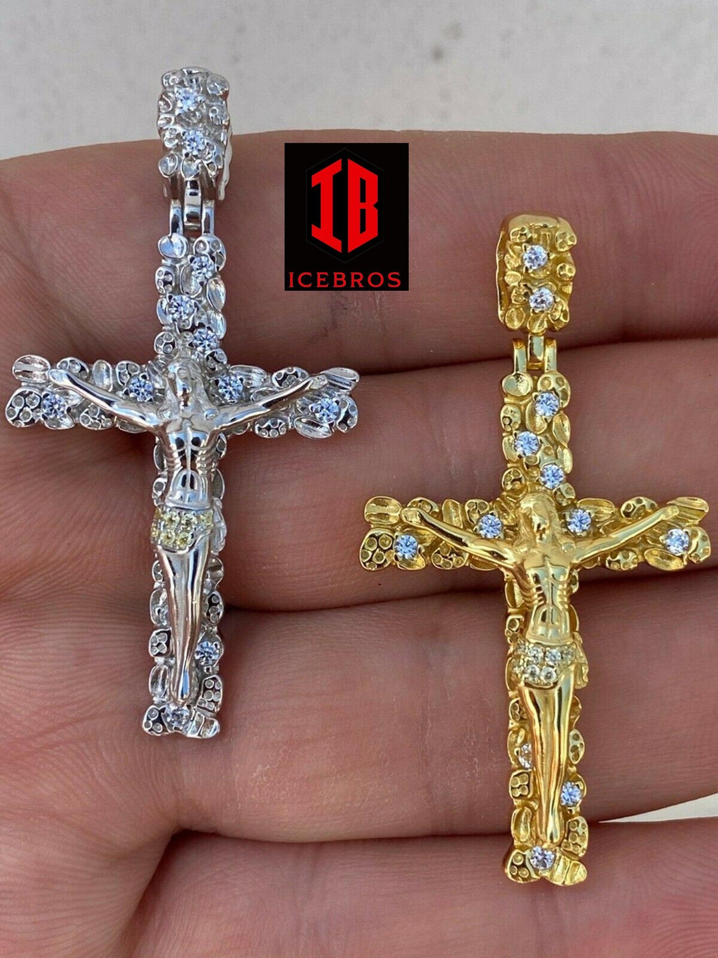 925 Sterling Silver Unisex Nugget 3D Cross Jesus On Crucifix Pendant Iced Gold (CZ)