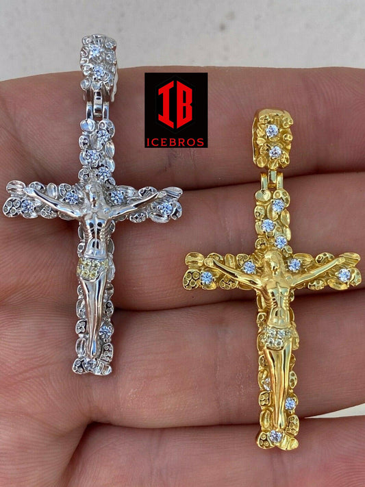 925 Sterling Silver Unisex Nugget 3D Cross Jesus On Crucifix Pendant Iced Gold (CZ)