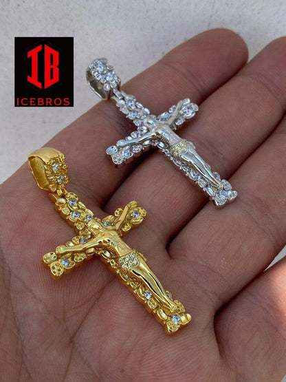 925 Sterling Silver Unisex Nugget 3D Cross Jesus On Crucifix Pendant Iced Gold (CZ)