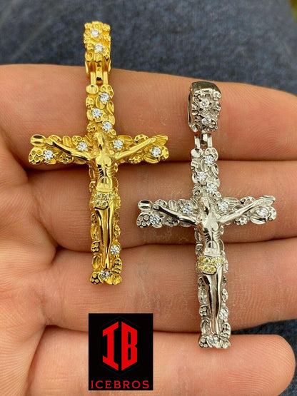 925 Sterling Silver Unisex Nugget 3D Cross Jesus On Crucifix Pendant Iced Gold (CZ)