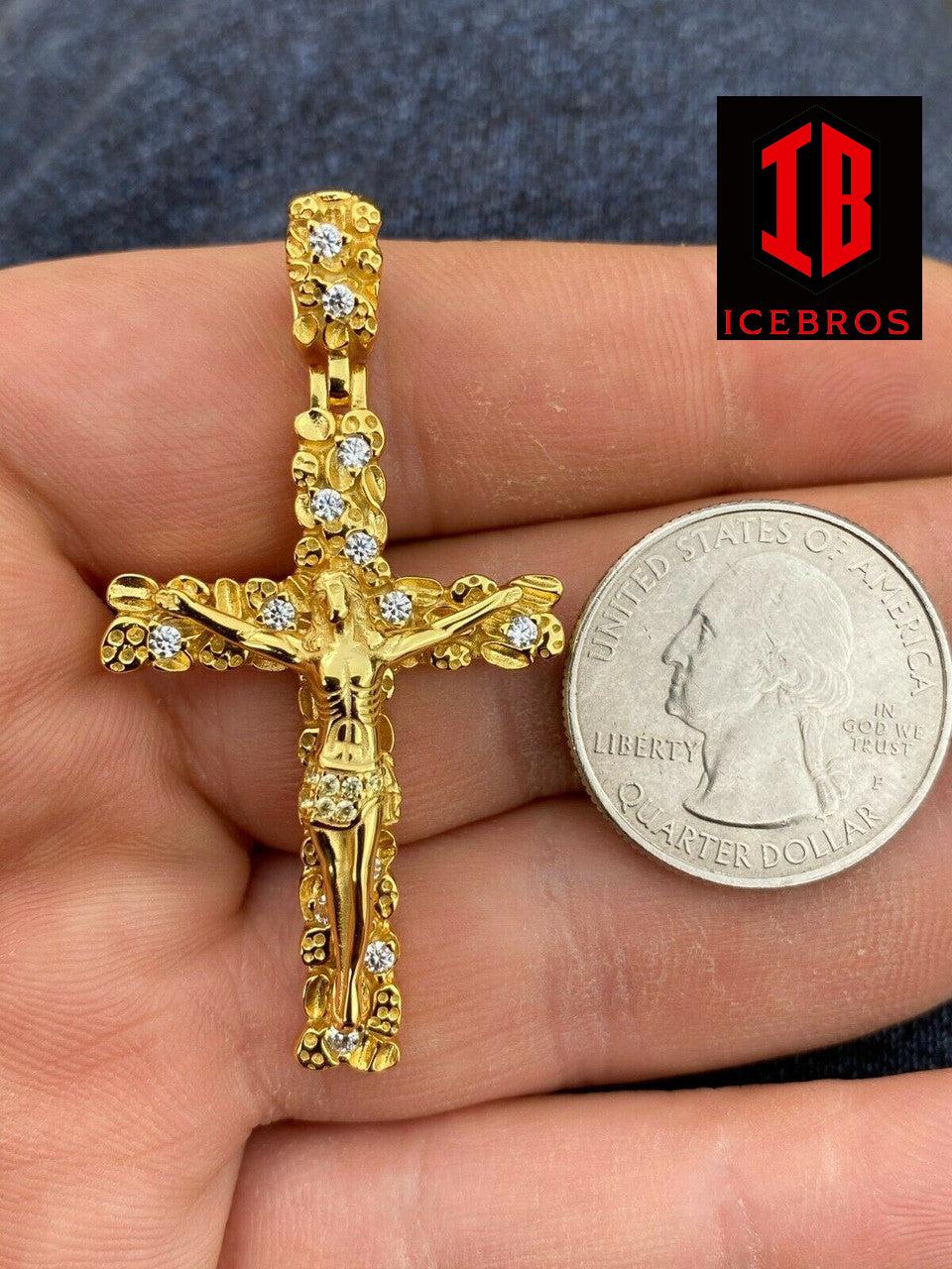 925 Sterling Silver Unisex Nugget 3D Cross Jesus On Crucifix Pendant Iced Gold (CZ)