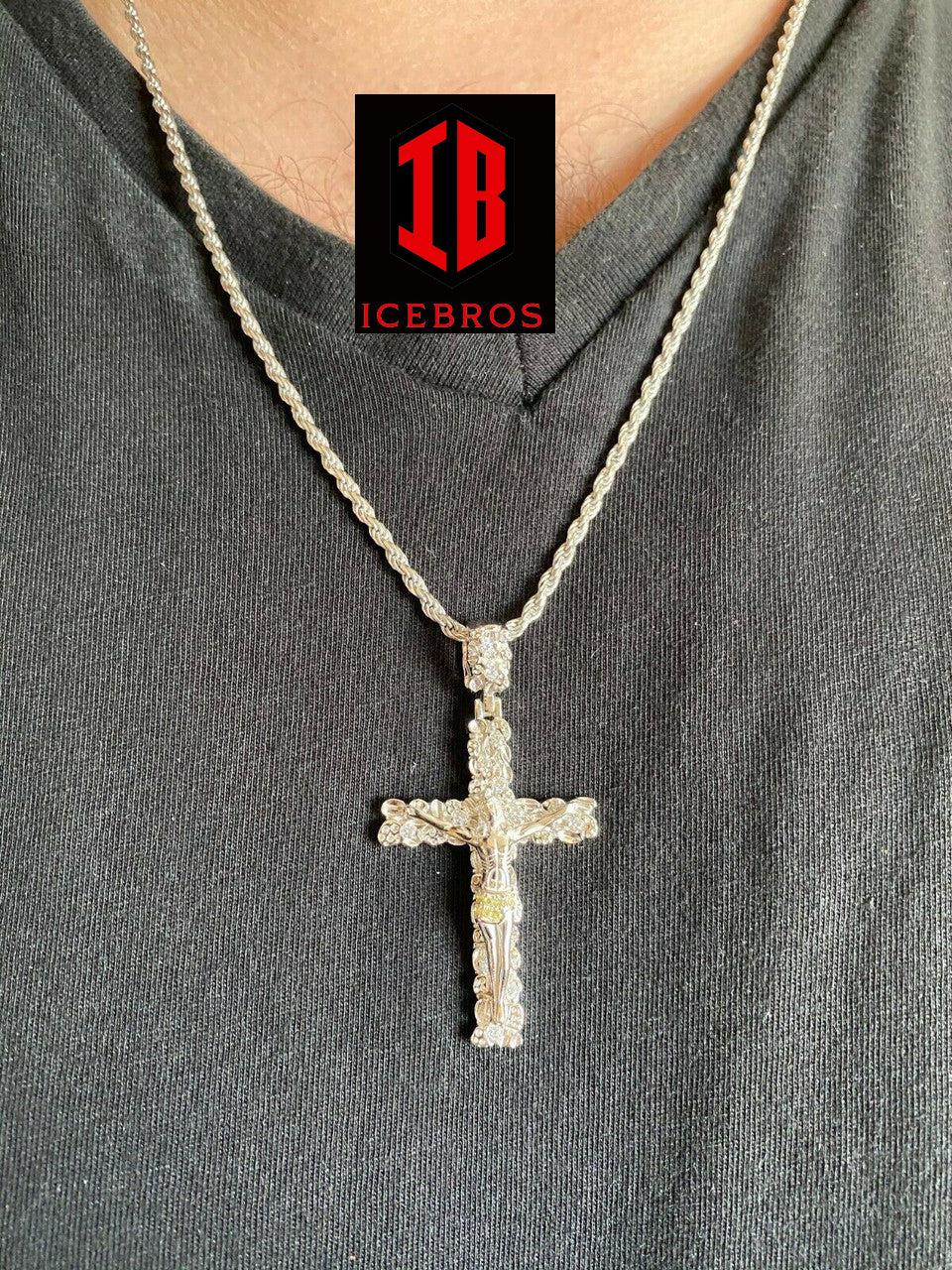 925 Sterling Silver Unisex Nugget 3D Cross Jesus On Crucifix Pendant Iced Gold (CZ)