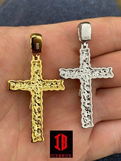 925 Sterling Silver Unisex Nugget 3D Cross Jesus On Crucifix Pendant Iced Gold (CZ)