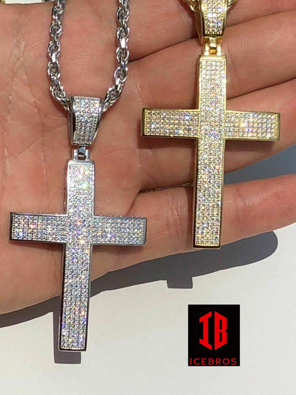 925 Sterling Silver Cross Pendant Real ICED 3ct 14k Gold Chain (CZ)