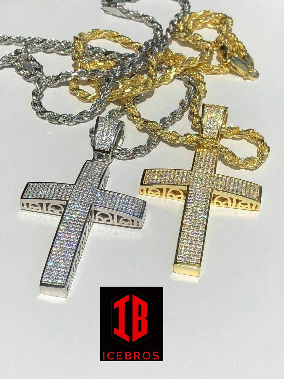 925 Sterling Silver Cross Pendant Real ICED 3ct 14k Gold Chain (CZ)