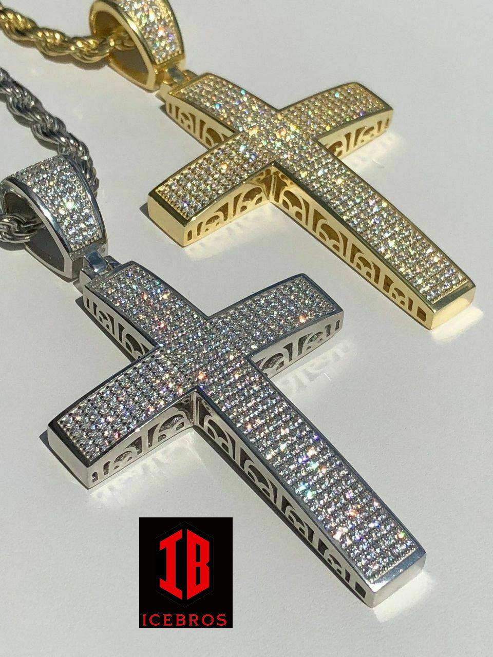 925 Sterling Silver Cross Pendant Real ICED 3ct 14k Gold Chain (CZ)