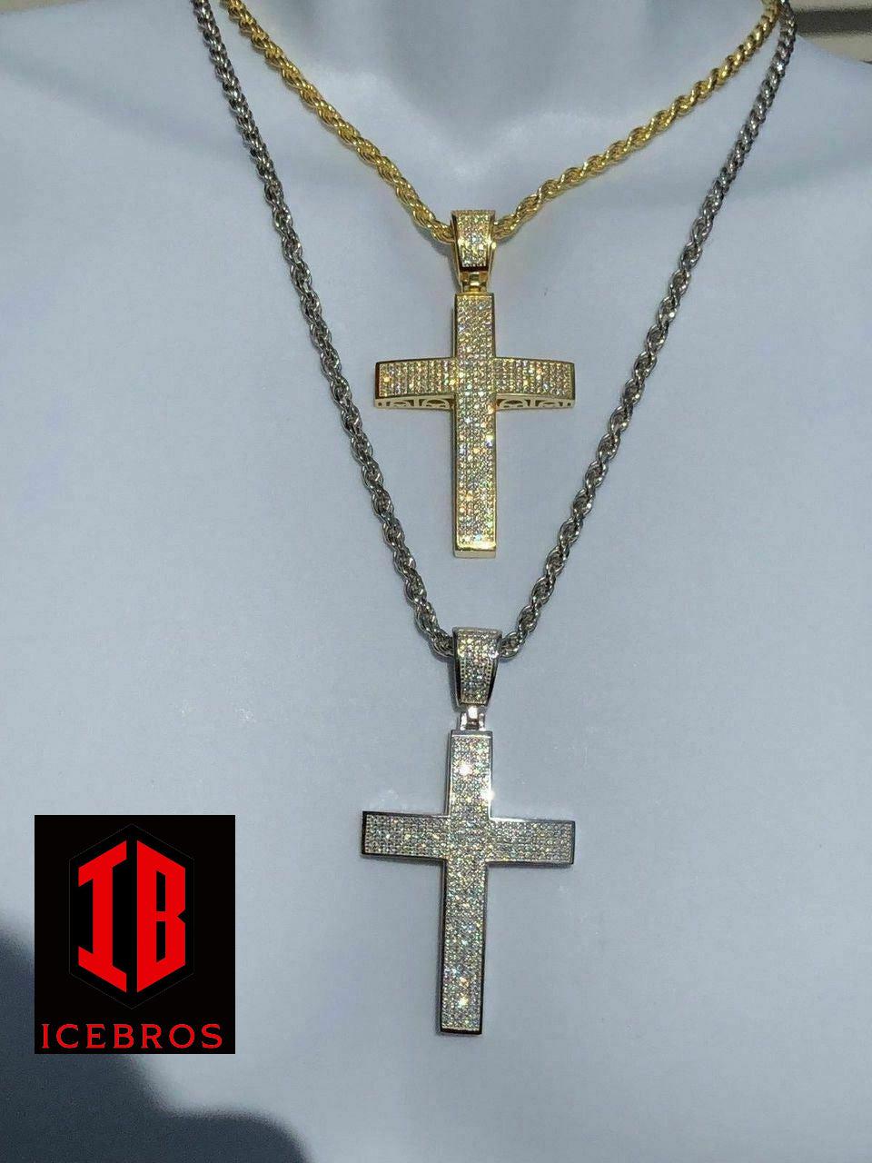 925 Sterling Silver Cross Pendant Real ICED 3ct 14k Gold Chain (CZ)