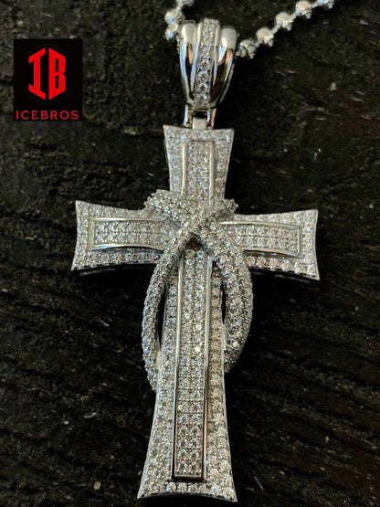 Real 925 Sterling Silver Cross Crucifix Diamond Men's Pendant Rhodium (CZ)