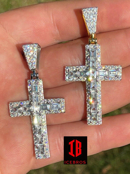 Unisex 925 Sterling SilvervBaguette Diamond Tennis Cross Pendant Iced Gold Silver (CZ)