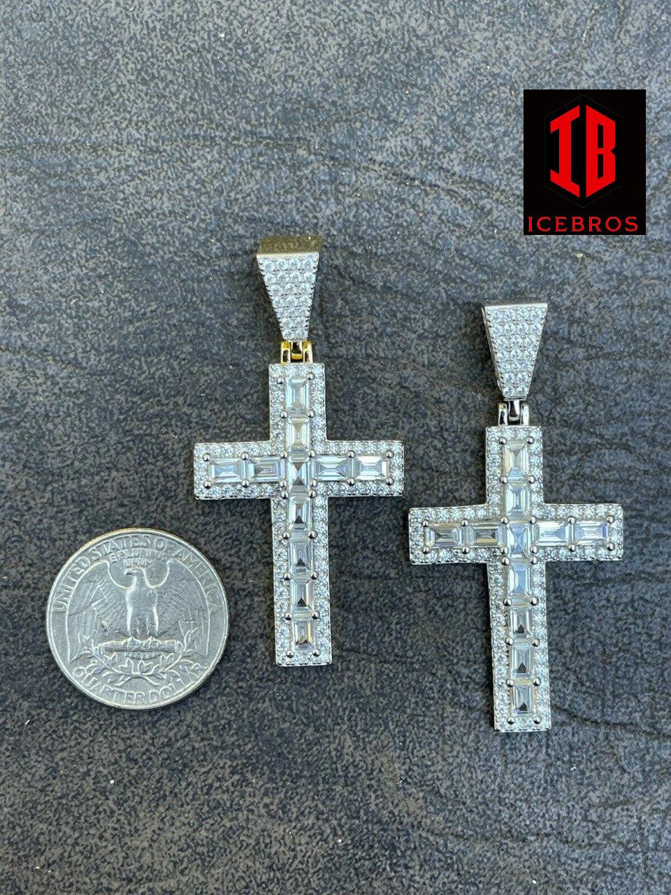 Unisex 925 Sterling SilvervBaguette Diamond Tennis Cross Pendant Iced Gold Silver (CZ)