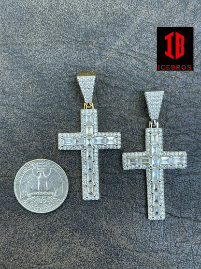 Unisex 925 Sterling SilvervBaguette Diamond Tennis Cross Pendant Iced Gold Silver (CZ)