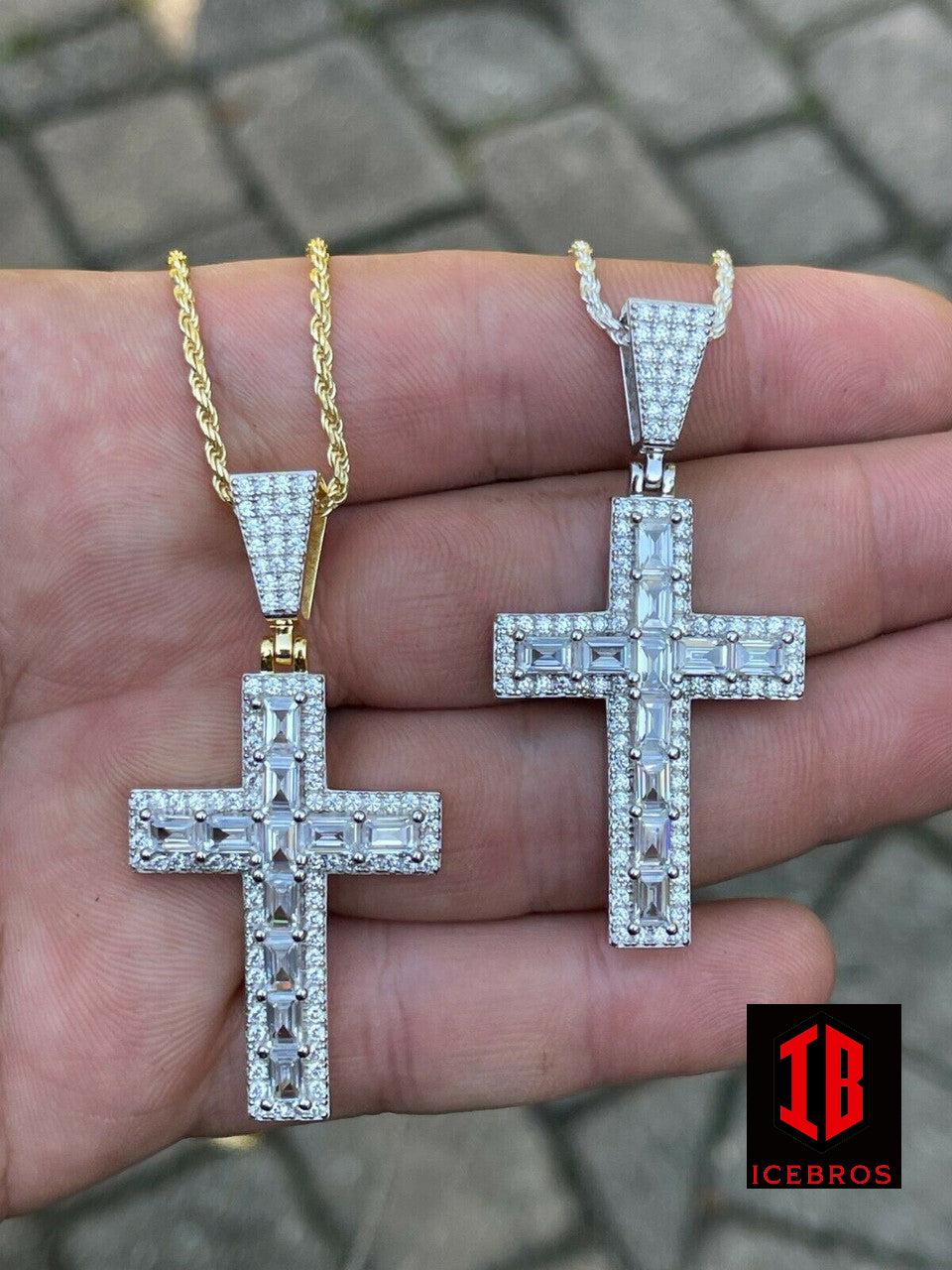 Unisex 925 Sterling SilvervBaguette Diamond Tennis Cross Pendant Iced Gold Silver (CZ)