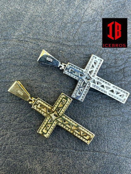 Unisex 925 Sterling SilvervBaguette Diamond Tennis Cross Pendant Iced Gold Silver (CZ)