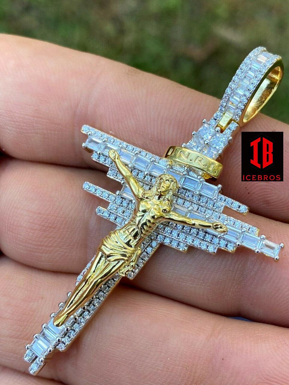 Mens Vermeil Solid 925 Silver Iced Baguette Diamond Jesus Cross Charm Necklace (CZ)