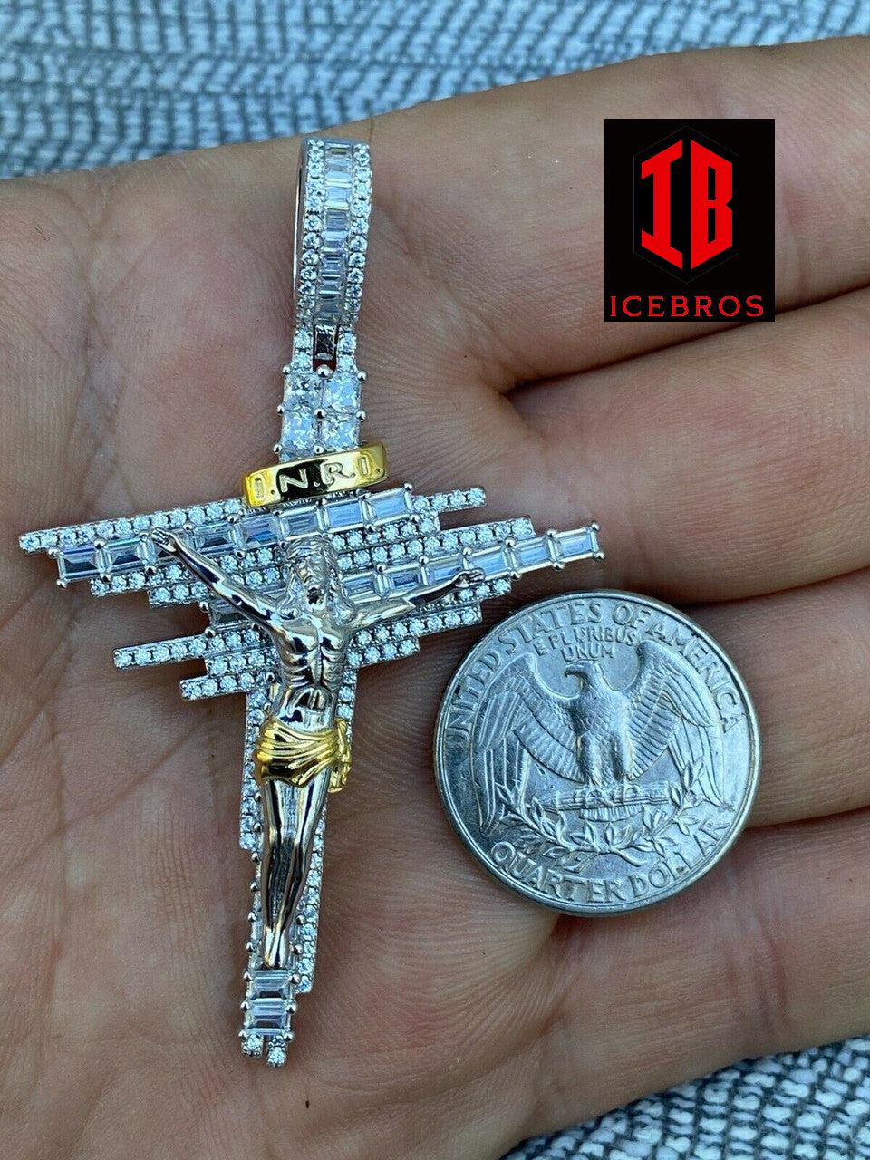 Mens Vermeil Solid 925 Silver Iced Baguette Diamond Jesus Cross Charm Necklace (CZ)