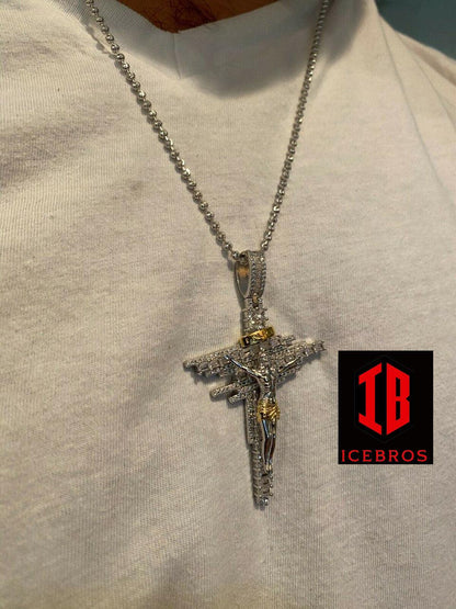 Mens Vermeil Solid 925 Silver Iced Baguette Diamond Jesus Cross Charm Necklace (CZ)