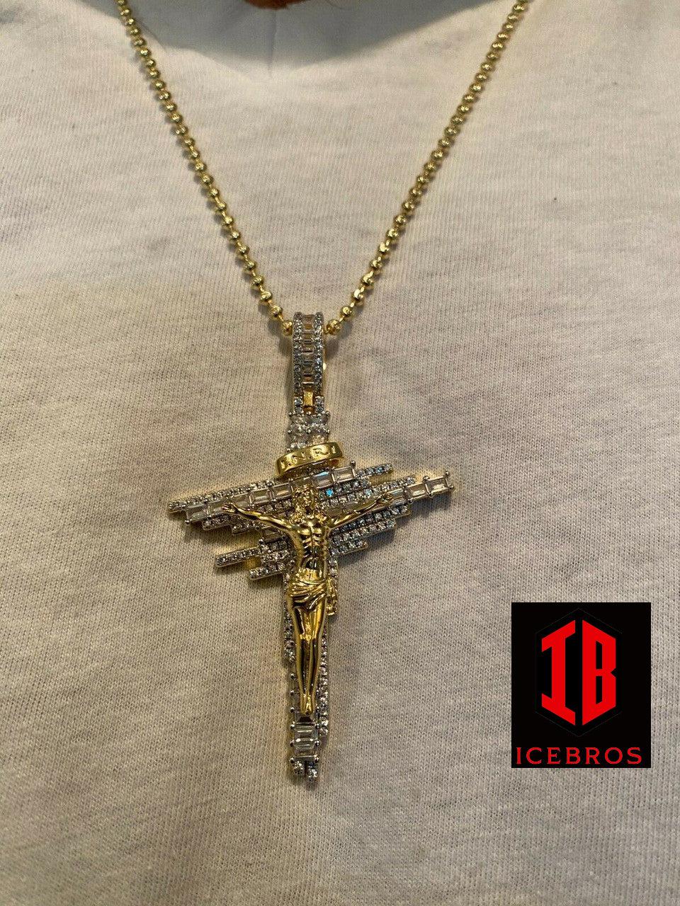 Mens Vermeil Solid 925 Silver Iced Baguette Diamond Jesus Cross Charm Necklace (CZ)