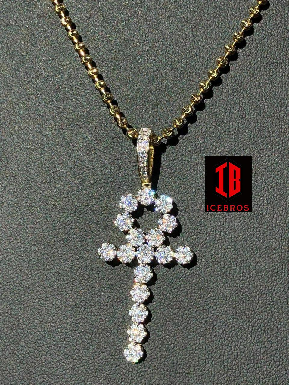 Diamond Long Ankh Cross Tennis Pendant Real 14k Gold Over Solid 925 Sterling Silver (CZ)