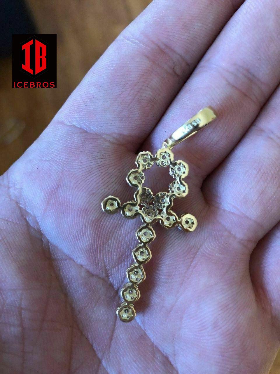 Diamond Long Ankh Cross Tennis Pendant Real 14k Gold Over Solid 925 Sterling Silver (CZ)