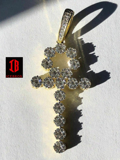 Diamond Long Ankh Cross Tennis Pendant Real 14k Gold Over Solid 925 Sterling Silver (CZ)