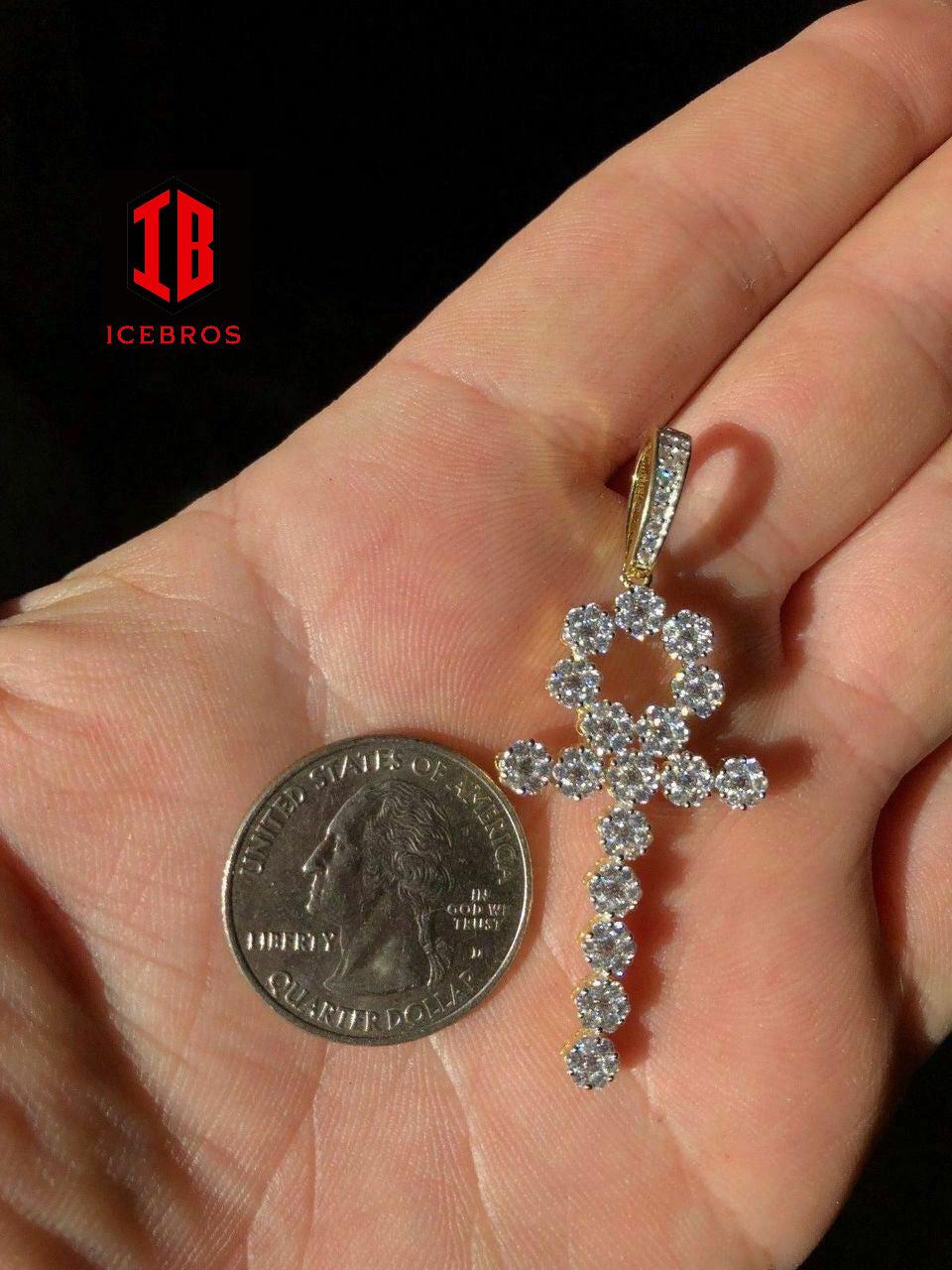 Diamond Long Ankh Cross Tennis Pendant Real 14k Gold Over Solid 925 Sterling Silver (CZ)