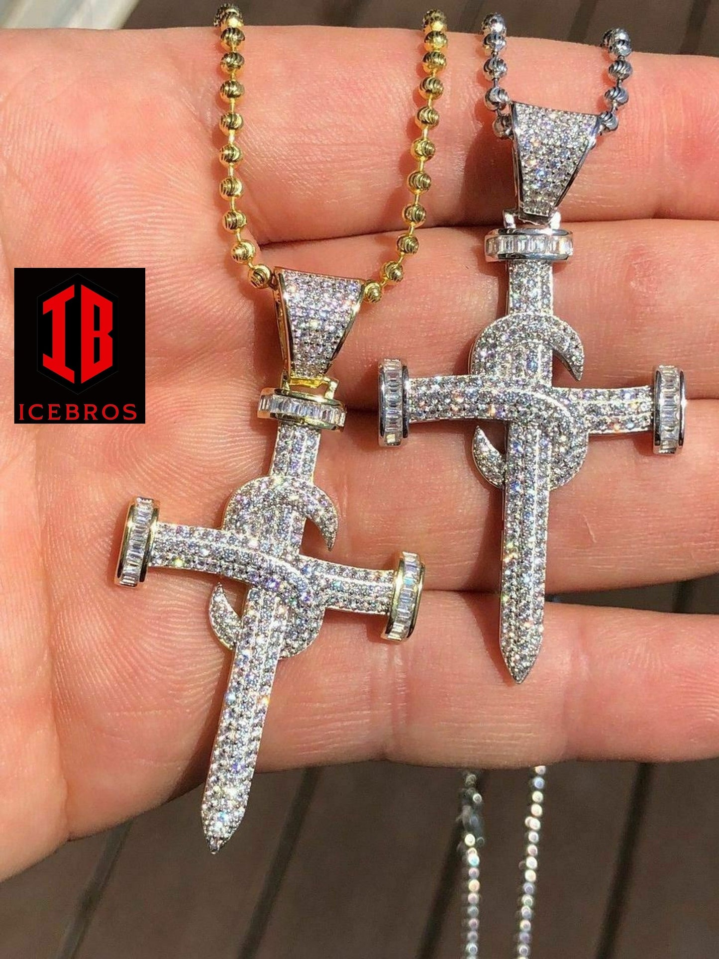 Real Solid 925 Silver Real Iced 3ct Diamond Nail Cross LARGE 2inch Pendant 14k Gold (CZ)