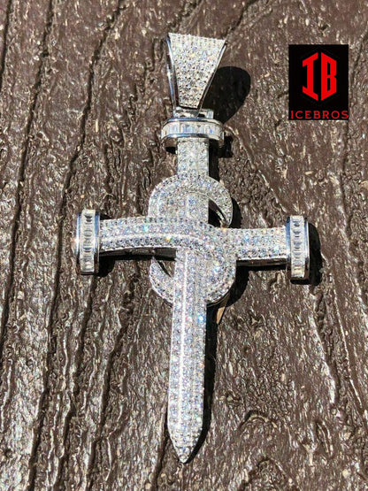 Real Solid 925 Silver Real Iced 3ct Diamond Nail Cross LARGE 2inch Pendant 14k Gold (CZ)