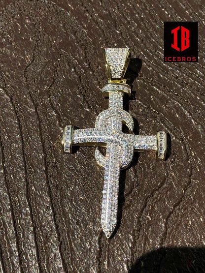 Real Solid 925 Silver Real Iced 3ct Diamond Nail Cross LARGE 2inch Pendant 14k Gold (CZ)