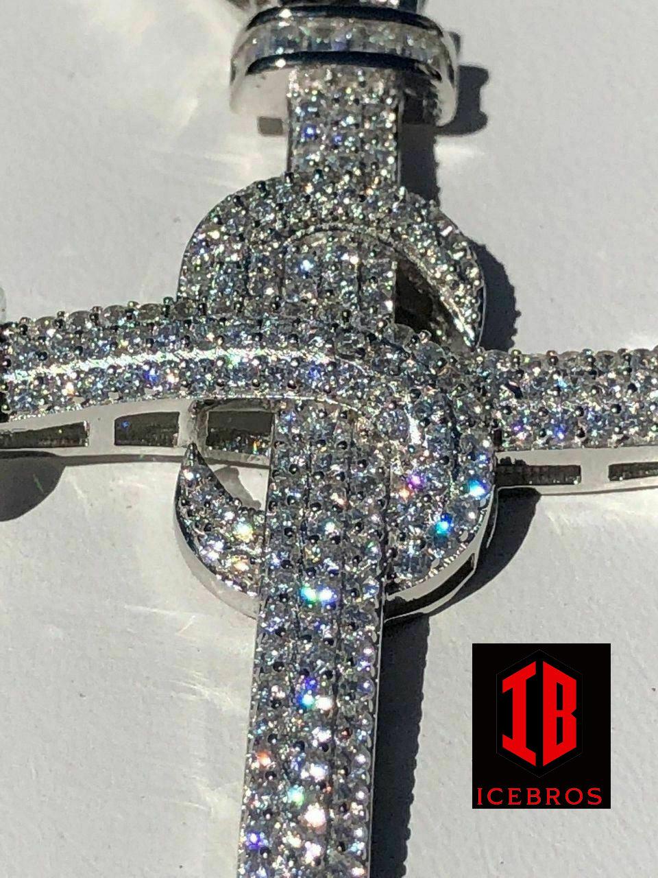 Real Solid 925 Silver Real Iced 3ct Diamond Nail Cross LARGE 2inch Pendant 14k Gold (CZ)