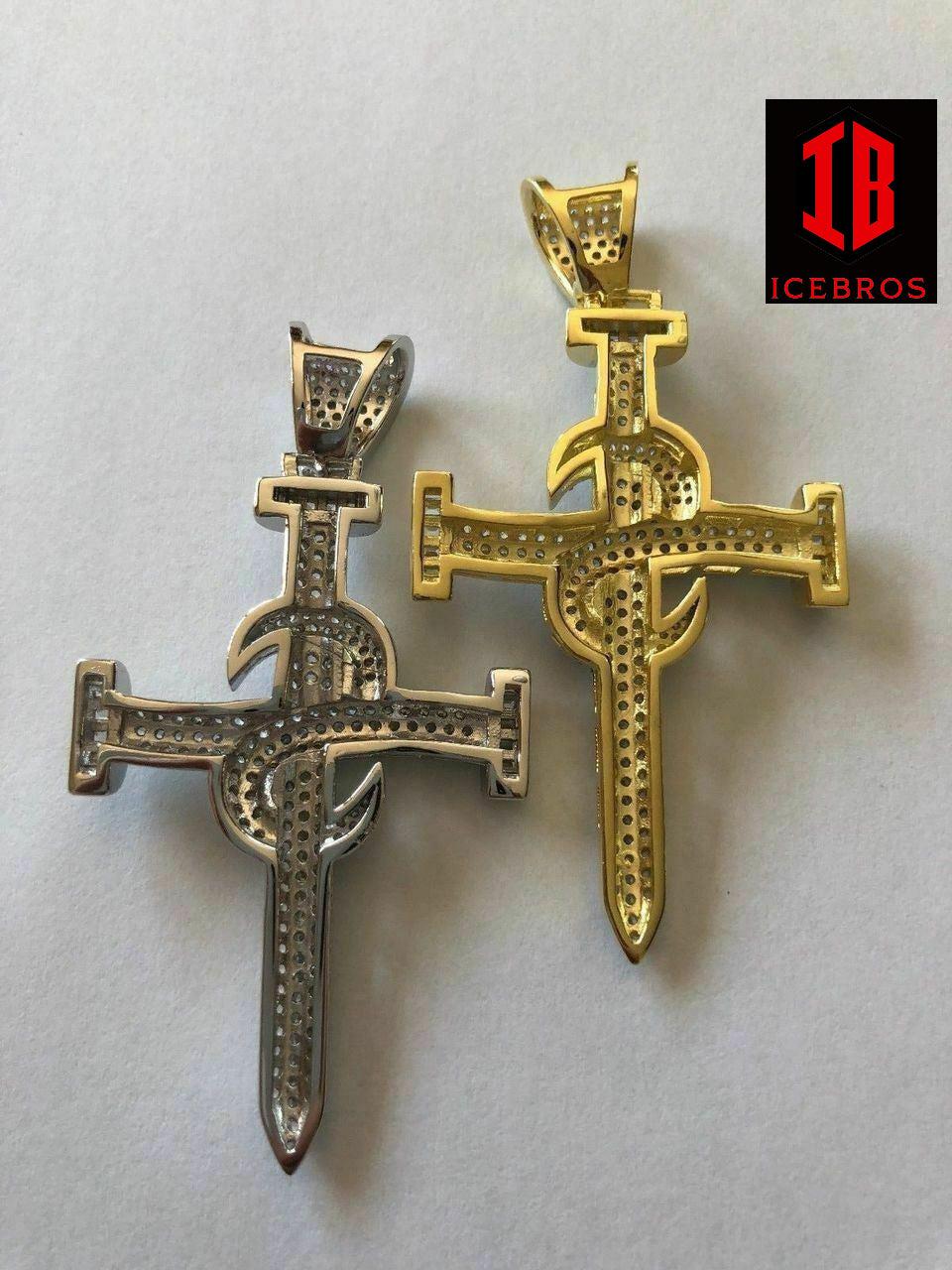 Real Solid 925 Silver Real Iced 3ct Diamond Nail Cross LARGE 2inch Pendant 14k Gold (CZ)