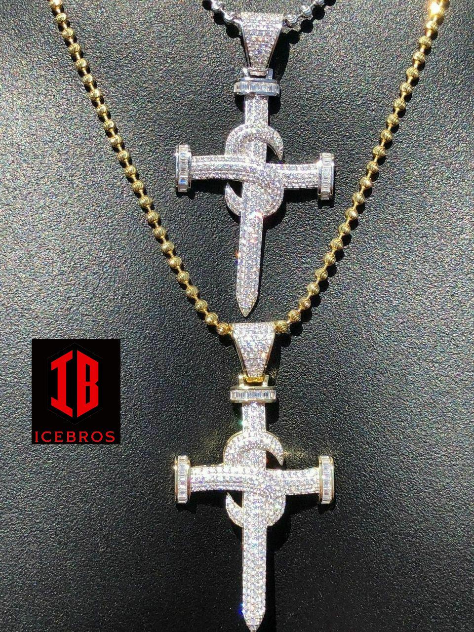 Real Solid 925 Silver Real Iced 3ct Diamond Nail Cross LARGE 2inch Pendant 14k Gold (CZ)