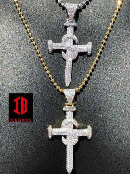 Real Solid 925 Silver Real Iced 3ct Diamond Nail Cross LARGE 2inch Pendant 14k Gold (CZ)