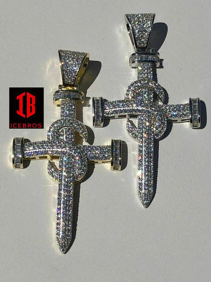 Real Solid 925 Silver Real Iced 3ct Diamond Nail Cross LARGE 2inch Pendant 14k Gold (CZ)