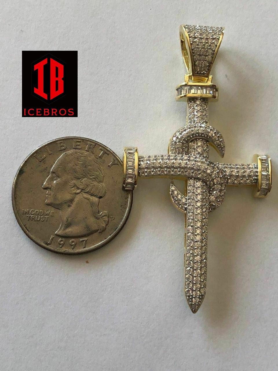 Real Solid 925 Silver Real Iced 3ct Diamond Nail Cross LARGE 2inch Pendant 14k Gold (CZ)